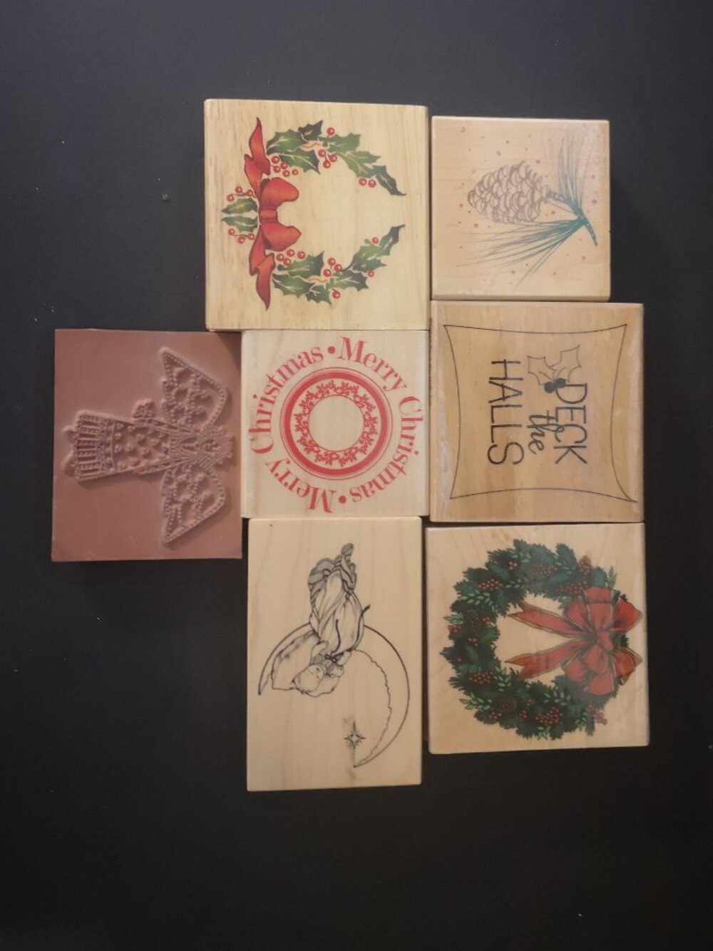 Lot of 7 Wood Mounted Rubber Stamps Christmas / Holiday Themed New/Used (Lot #2)